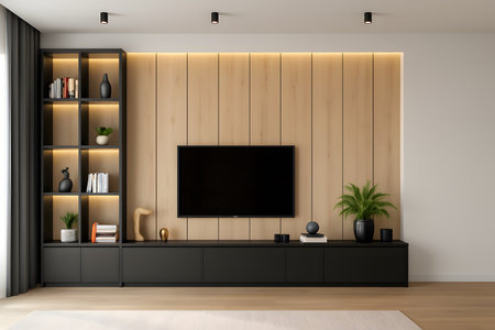 Interior of modern living room with white walls, wooden floor, dark wooden cabinet and TV on the wall. 3d renderingの素材