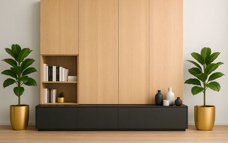 Interior of modern living room with wooden walls, wooden floor, black cupboard with bookshelf and plant. 3d renderingの素材