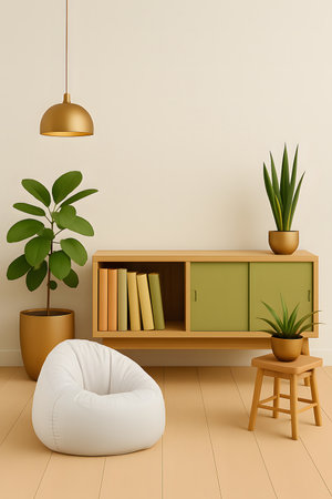 3D render of a living room with a bookcase and a chairの素材