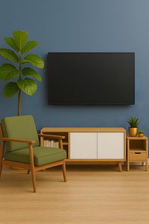 Interior of modern living room with green armchair and TV. 3d renderの素材