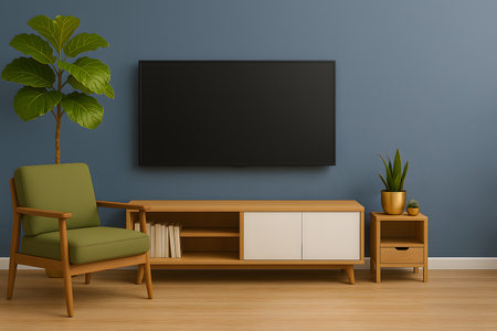 Interior of living room with green armchair and tv on blue wallの素材