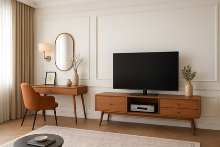 Interior of modern living room with wooden commode, TV on the wall, armchair and mirror. 3d renderの素材