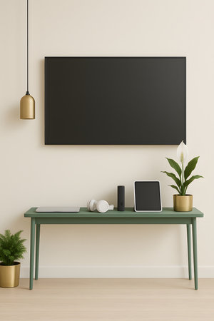 Interior of modern living room with green wooden table, laptop, plant, coffee cup and black mock up poster. 3d renderの素材
