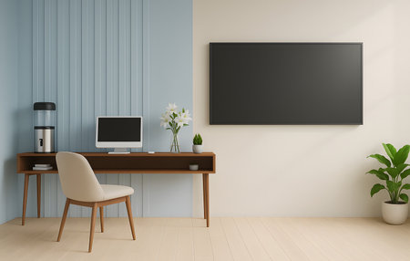 Workplace with a computer in a modern room. 3d renderingの素材