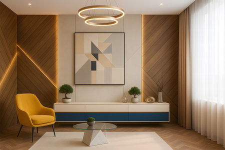 Interior of a modern living room with a wooden wall. 3d renderingの素材