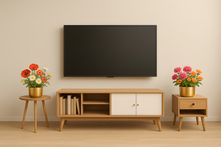 TV screen on the wall in the living room. 3d renderingの素材