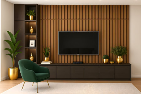 TV on the wall in modern living room. 3d rendering.の素材