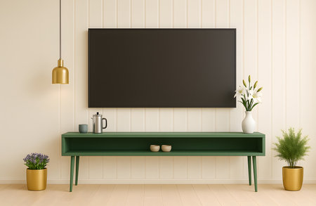 TV on the wall in the living room. 3d rendering.の素材