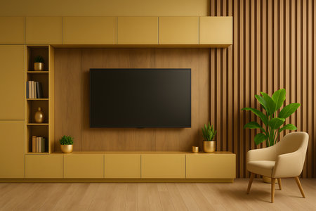 Interior of modern living room with wooden walls, wooden floor, yellow armchair and TV screen. 3d renderingの素材