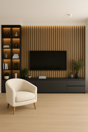Interior of modern living room with armchair and TV on wall. 3d renderの素材