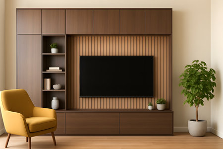 Interior of modern living room with armchair and TV. 3d renderの素材