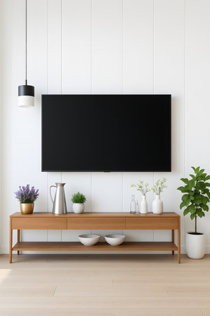 TV on the wall in modern living room. 3d render.の素材