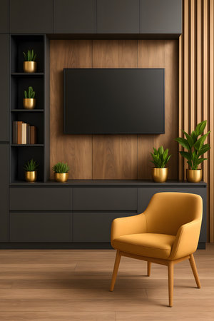 Interior of modern living room with wooden walls, wooden floor, yellow armchair and black bookcase. 3d renderingの素材