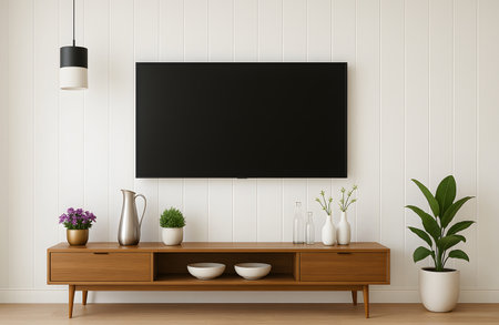 TV on the wooden cabinet in modern living room. 3d renderingの素材