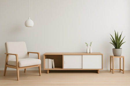 Modern living room with white walls, wooden floor, white armchair and bookshelf. 3d renderingの素材