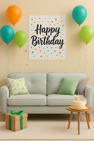 3d render of Happy birthday card with gift box, balloons and sofaの素材