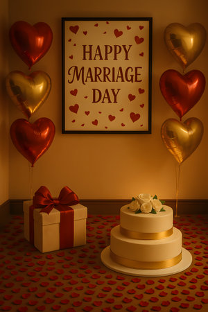 Festive indoor space featuring celebratory decoration, cake, and gift box. Showcases celebratory ambiance for special home decoration. Marriage decor setup with anniversary celebration.の素材