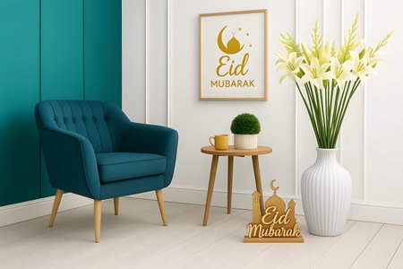 Charming interior scene features teal armchair complemented by EID Mubarak art elevating room's ambiance. Elegant floral decoration adds natural touch enhanced by soft lighting. Small table and decorative pieces complete sophisticated and inviting setting creating cozy and welcoming atmosphere.の素材