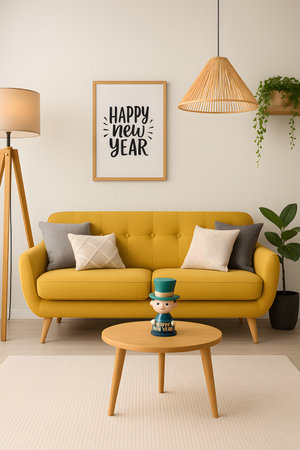 Modern interior design showcasing happy new year celebration with modern sofa and festive decorations creating warm and inviting atmosphere for stylish home.の素材