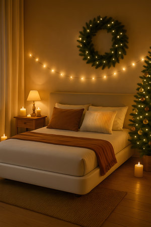 Inviting bedroom scene featuring Christmas decorations. Cozy bed adorned with a festive wreath and soft string lights. Perfect as background during December holidays. Room decorated with candles, a Christmas tree, and ambient lighting.の素材