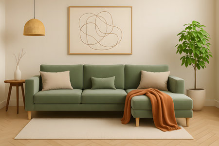 Stylish living room features sofa with pillows. Artwork and plant create modern home decor. Lamp provides cozy interior design, enhancing overall room ambiance and creating inviting living space for relaxation and entertaining.の素材