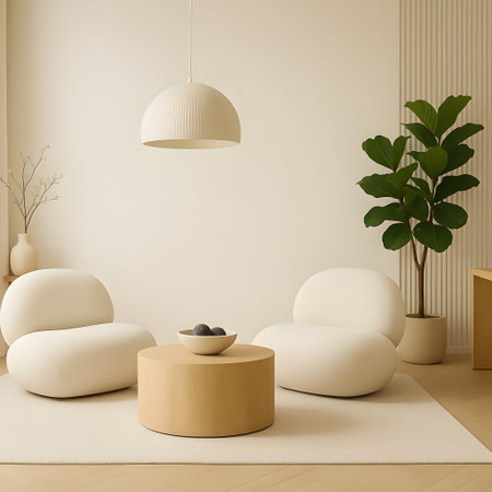 Contemporary living room interior showcasing spherical chairs, complemented by minimalist coffee table and green plant fostering modern and elegant style. Clean lines and neutral palette create sophisticated ambiance and stylish space.の素材