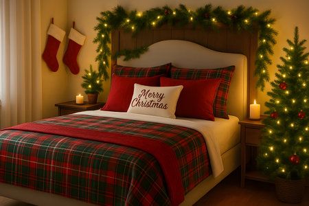Cozy Christmas bedroom scene featuring plaid bedding, a decorated Christmas tree, and soft Christmas lights. Warm ambient setting indoors. Experience the joy and comfort of the season in this inviting space. Create festive memories.の素材
