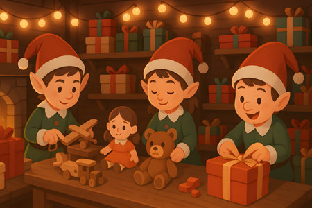 Cartoon elves working in workshop making toys and wrapping presents, joyful industrious scene with shelves of gifts, cheerful creative atmosphere, busy, happy helpers, teddy bear, wooden airplane, doll, bright lights, festive season, preparation, teamwork, crafting, festive mood, gift factory, funの素材