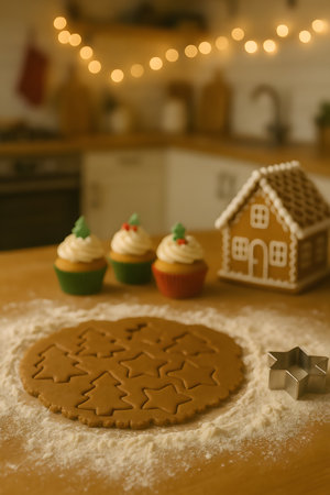 Unbaked gingerbread dough, cut into tree and star shapes, rests on a floured wooden surface. A metal star-shaped cookie cutter sits nearby. In the soft-focus background, three colorful cupcakes with frosting and small decorations are visible, alongside a detailed gingerbread house. The warm, blurred lights of a kitchen complete the cozy, baking-themed scene.の素材