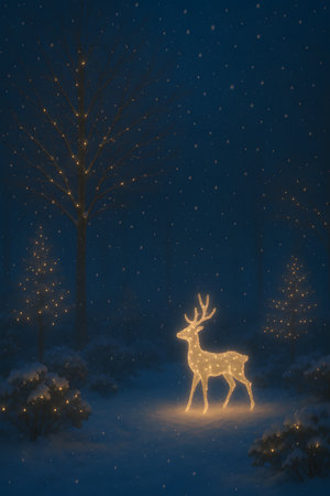 Glowing reindeer statue in a snowy forest at night. Surrounded by illuminated trees and falling snowflakes. Creating a tranquil and ethereal winter landscape. Sparkling deer figure in serene environment. Dreamlike scene with soft light. Enchanting forest view. Magical woodland setting. Peaceful night with glowing elements.の素材