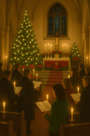 Church interior with people gathered for service, candlelight creating warm atmosphere, beautifully adorned altar with evergreen tree and festive decor, religious observance, spiritual devotion, quiet reflection, sacred space, traditional architecture, stained glass window, solemn ceremony, community worship, reverent gathering, faith and spirituality, tranquil setting, prayer and contemplation, historic buildingの素材