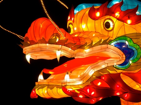 Close up of the head of a dragon lantern at China Light Festivalの写真素材