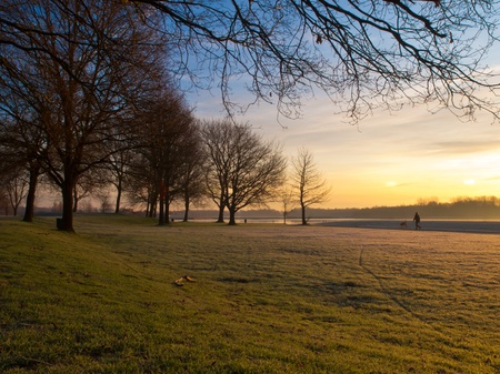 Colorful sunrise in winter in dutch recreational areaの写真素材