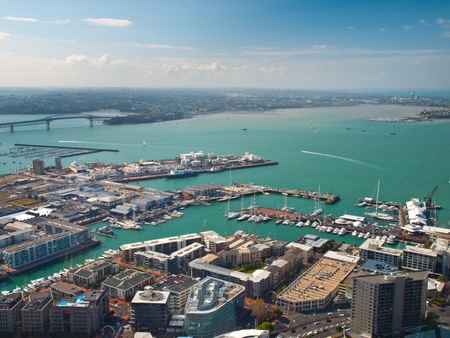 Aerial view of Auckland harbour on a sunny day with blue seaのeditorial素材