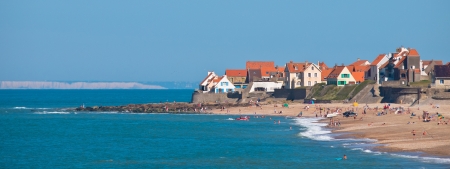 Idyllic coastal village during sunset in Normandie Franceの写真素材