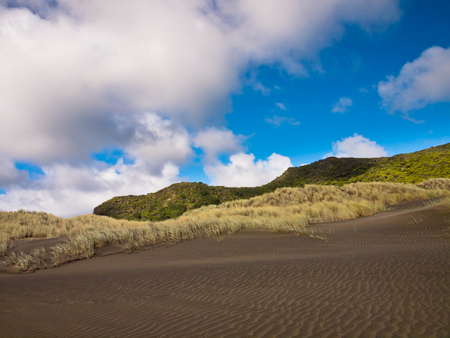 Dark sand dunes under a cloudy summer sky in New Zealandの写真素材