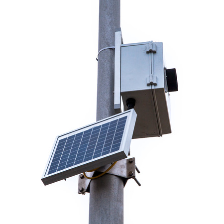Scientific Equipment Powerded by a Solar Panel on a Pole, Isolated on White