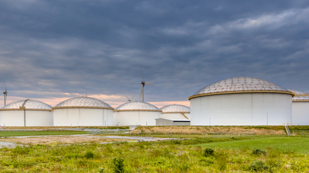 Panorama of a huge strategic fuel storage teminal in a big harbor in Europeのeditorial素材