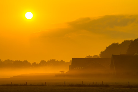 Orange sunrise over misty farm with barns and tractor in Twente, Netherlandsの写真素材