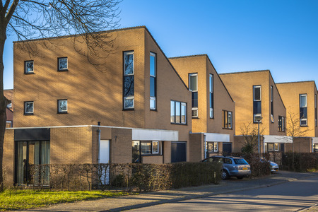 Urban family houses in a suburban neighborhood near Groningen, Netherlandsのeditorial素材