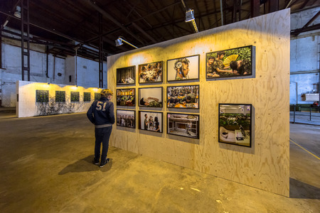 GRONINGEN, THE NETHERLANDS - SEP 27, 2015: Boy watching image at Photo exhibition Noorderlicht Data Rush in oude suikerfabriek Groningen.のeditorial素材