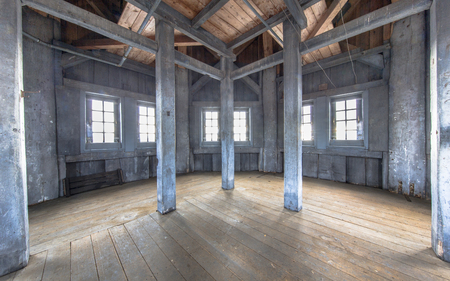 GRONINGEN, THE NETHERLANDS - SEP 17, 2016: Interior of the wooden tower of the Aa church with massive beams and thick timber. Windows are offering a great view.のeditorial素材
