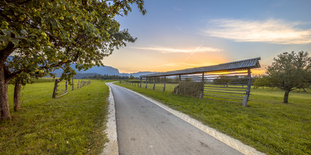 Traditional Slovenian hay rack, construction for drying grass on old wooden scaffolding along concrete road near Bled, Sloveniaの写真素材