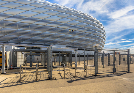 MUNICH, GERMANY - 14 AUGUST 2017: Entrance to Allianz Arena stadium in Munich, Germany. The Allianz Arena is the home football stadium for FC Bayern Munich with a capacity of 70.000 seatsのeditorial素材