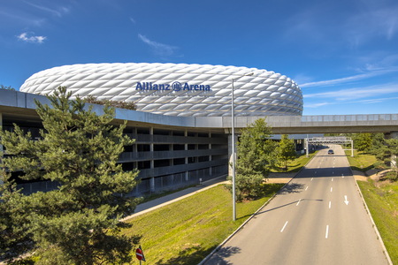 MUNICH, GERMANY - 14 AUGUST 2017: Road to Allianz Arena stadium in Munich, Germany. The Allianz Arena is the home football stadium for FC Bayern Munich with a capacity of 70.000 seatsのeditorial素材
