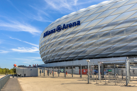 MUNICH, GERMANY - 14 AUGUST 2017: Entrance to Allianz Arena stadium Munich, Germany. The Allianz Arena is the home football stadium for FC Bayern Munich with a capacity of 70.000 seatsのeditorial素材