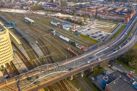 Aerial view of Central railroad station yard area in Groningen city, Netherlandsの写真素材