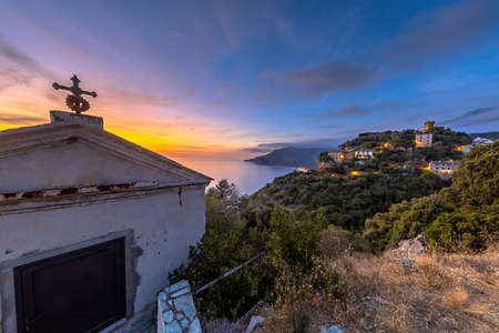Mountain Village of Nonza with chapel and view over the mediteranean sea on Cap corse, Corsica, Franceの写真素材