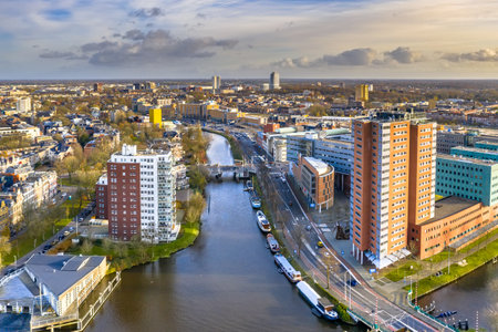 Aerial view of Groningen city centre seen from the south with blue loudy skyのeditorial素材
