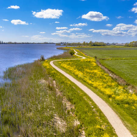Aerial Springtime scene of dutch river near Boornzwaag. Cycling track on dike meandering throug polder with yellow flowers. Friesland, the Netherlands.の写真素材